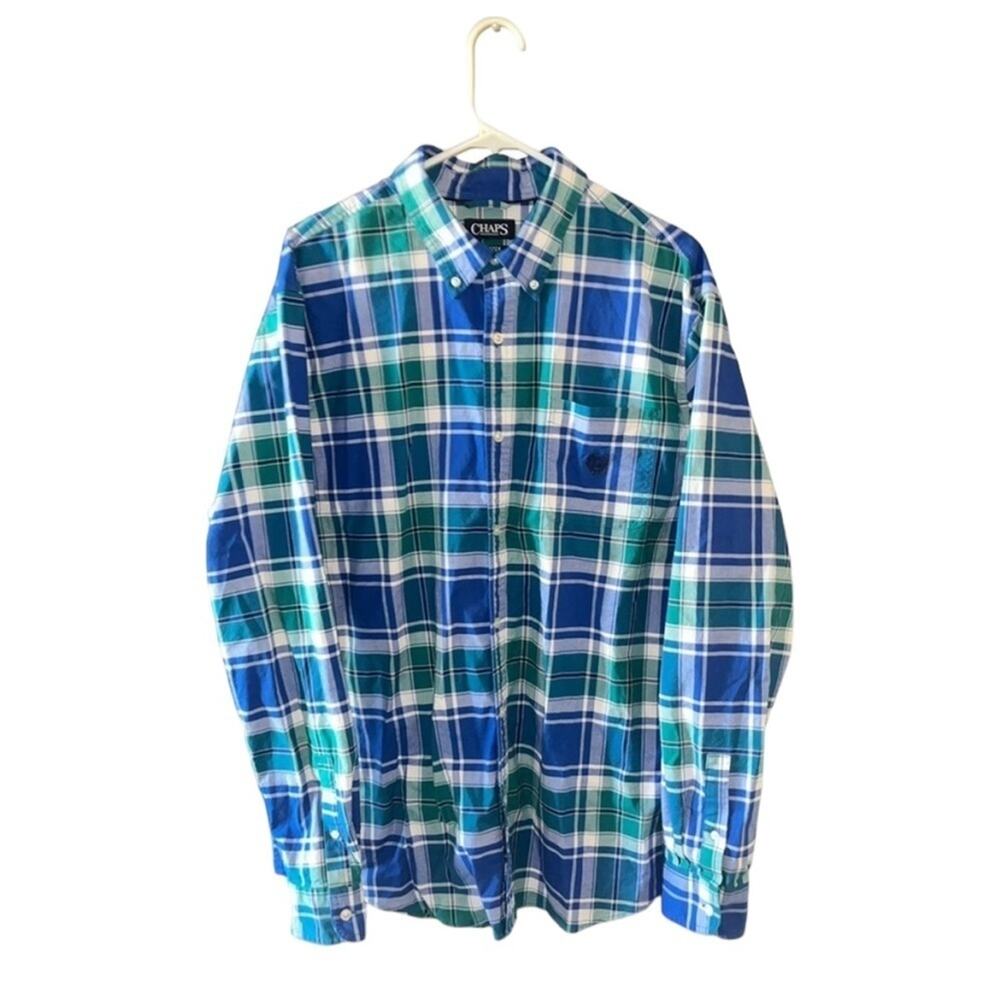 Chaps Mens Button Down Shirt Size XXL Long Sleeve Blue Green Stretch Oxford Prep